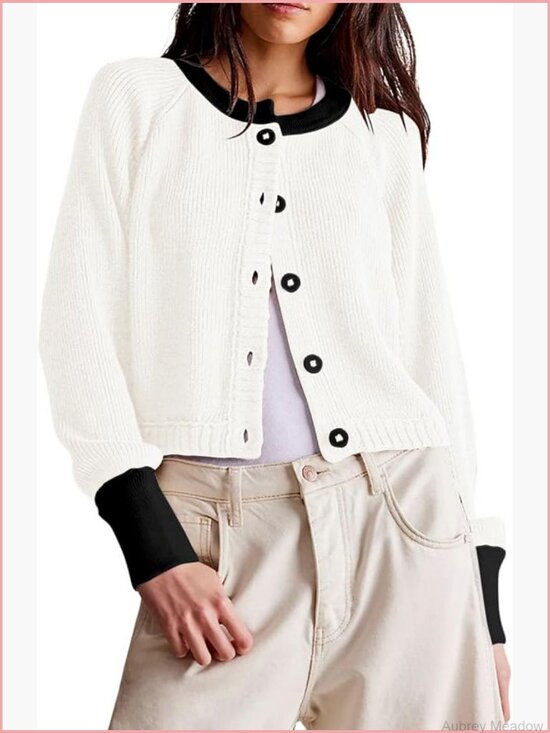 Sweaters - Knitted Button Down Cropped Cardigan Sweater Y2k Color Block Crewneck Short